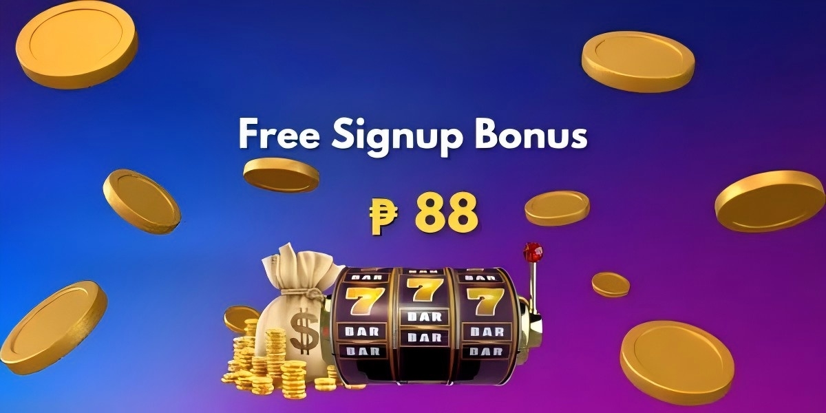 Promo banner artwork showing a slot machine with triple sevens, a money bag and gold coins on a blue-purple gradient with Free Signup Bonus 88 pesos text